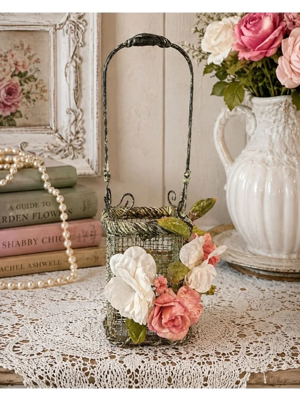 Vintage Metal Mesh Basket Purse Pink White Roses Victorian Shabby Chic Decor